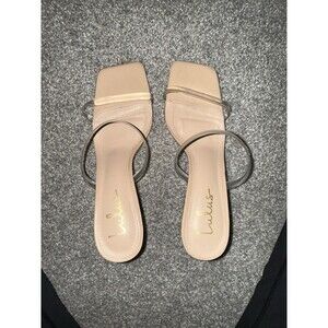 Lulus Jisella Clear Straps/Light Nude High Heels With Decorative Block Heel Sz 9